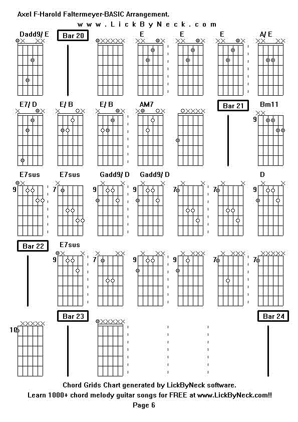 Chord Grids Chart of chord melody fingerstyle guitar song-Axel F-Harold Faltermeyer-BASIC Arrangement,generated by LickByNeck software.